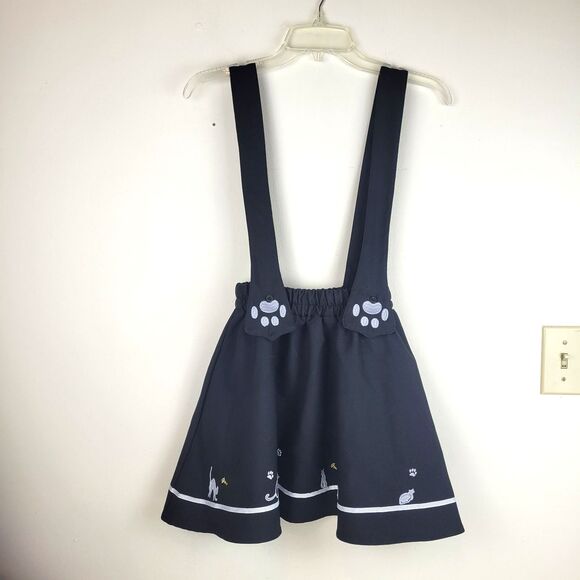 Unbranded Dresses & Skirts - Black elastic flared skirt girls size 4 removable suspenders embroidered cats XS